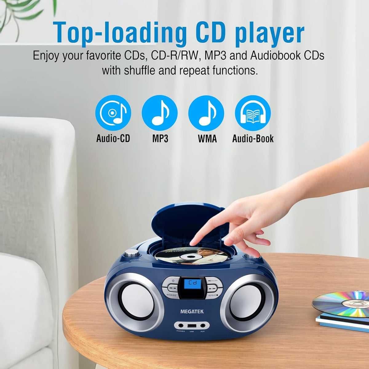 MEGATEK Portable CD Player Boombox with FM Radio, Bluetooth, USB Port, AUX Input, and Headphone Jack – CD-R/CD-RW/MP3-CD Compatible, Clear Stereo Sound, Backlit LCD Display – Black - PuriLite