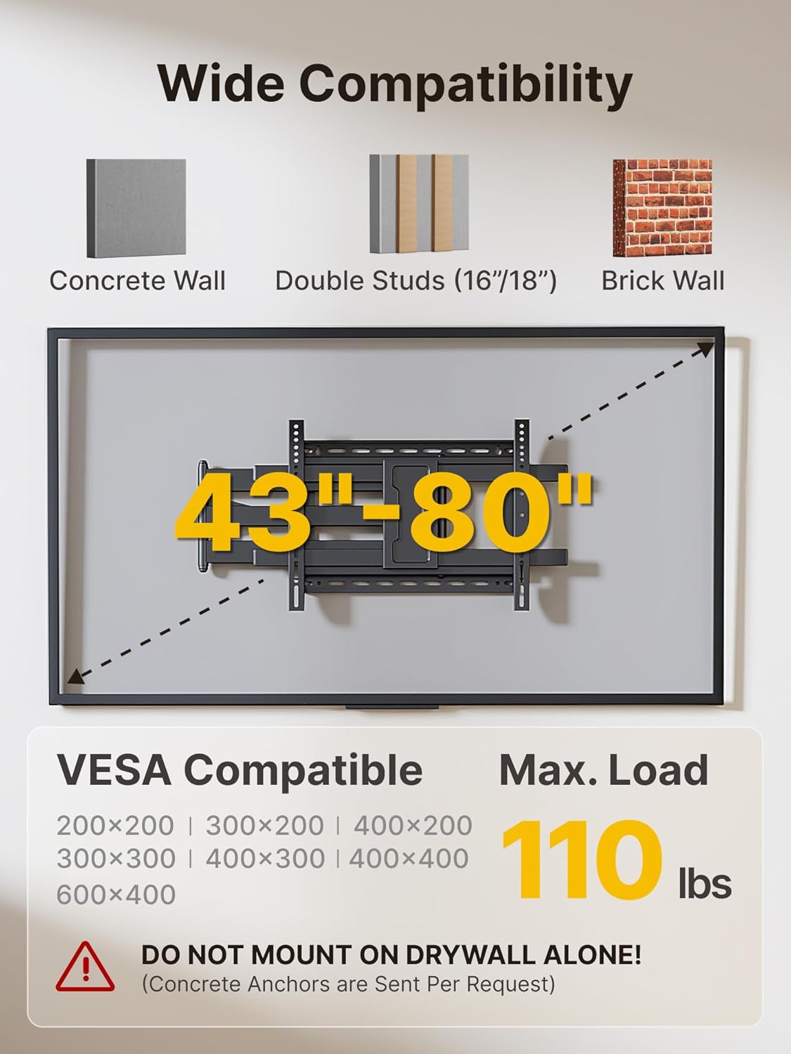 monTEK Long Arm TV Wall Mount for Most 43-90 Inch TVs, 42.5 Inch Long Extension TV Mount Swivel and Tilt, Full Motion Wall Mount TV Bracket Fit Max VESA 800 x 400mm, Up to 132 lbs, 16”,18” Studs - PuriLite