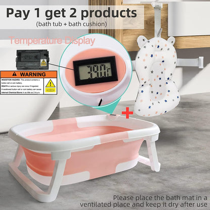 Befol Collapsible Baby Bathtub for Infants to Toddler, Portable Travel Bathtub Multifunctional Bathtub with Drain Hole, Baby Folding Bathtub for Newborn 0-36 Month (grey+Floating Baby Bath Cushion) - PuriLite