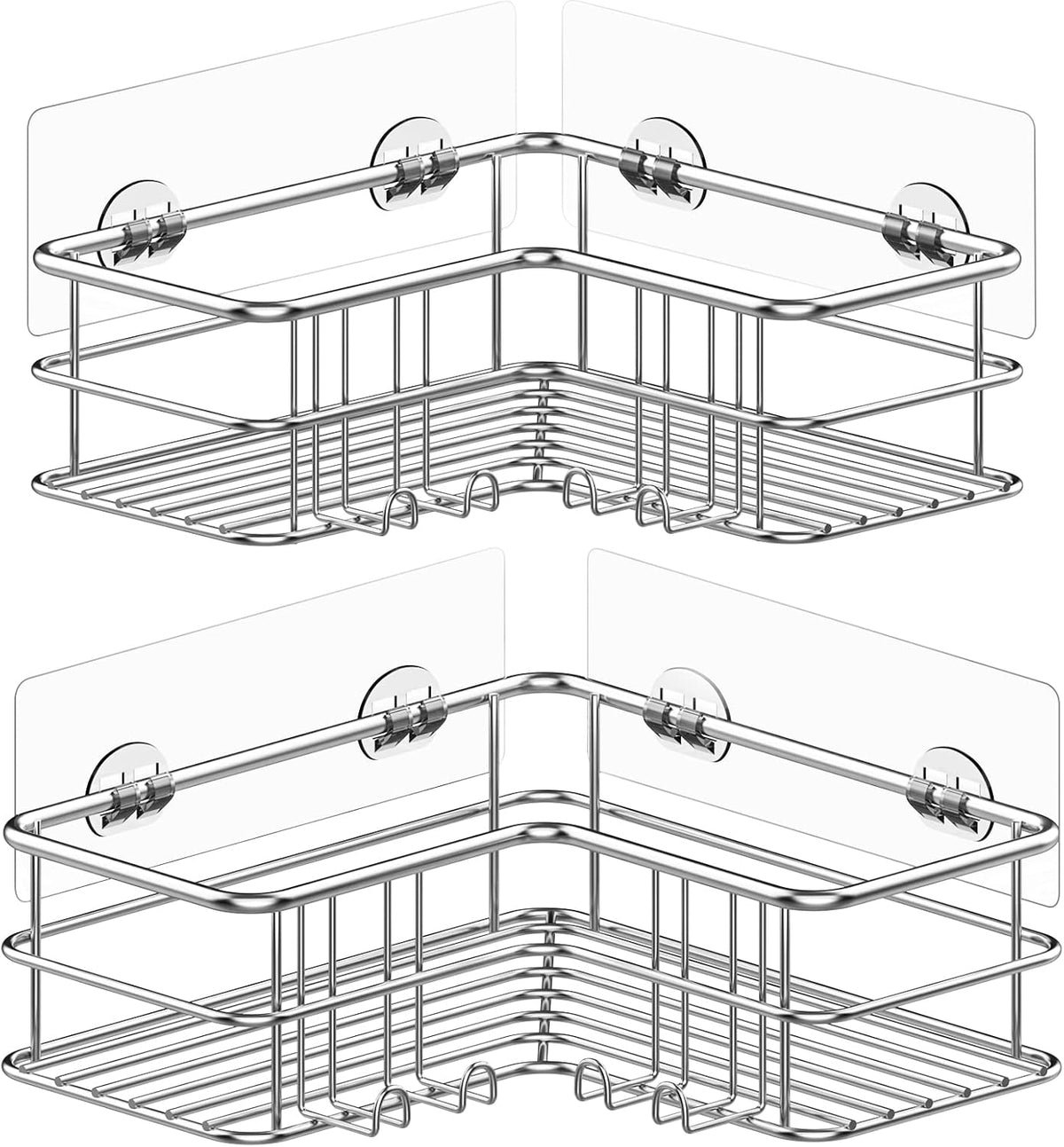 Menbyci 2 Pack Corner Shower Caddy, Adhesive Bathroom Shelf with 8 Hooks, Rustproof Stainless Steel Bathroom Organizer, No Drilling Shower Shelves Basket Wall Storage Rack Shampoo Holder (Silver)