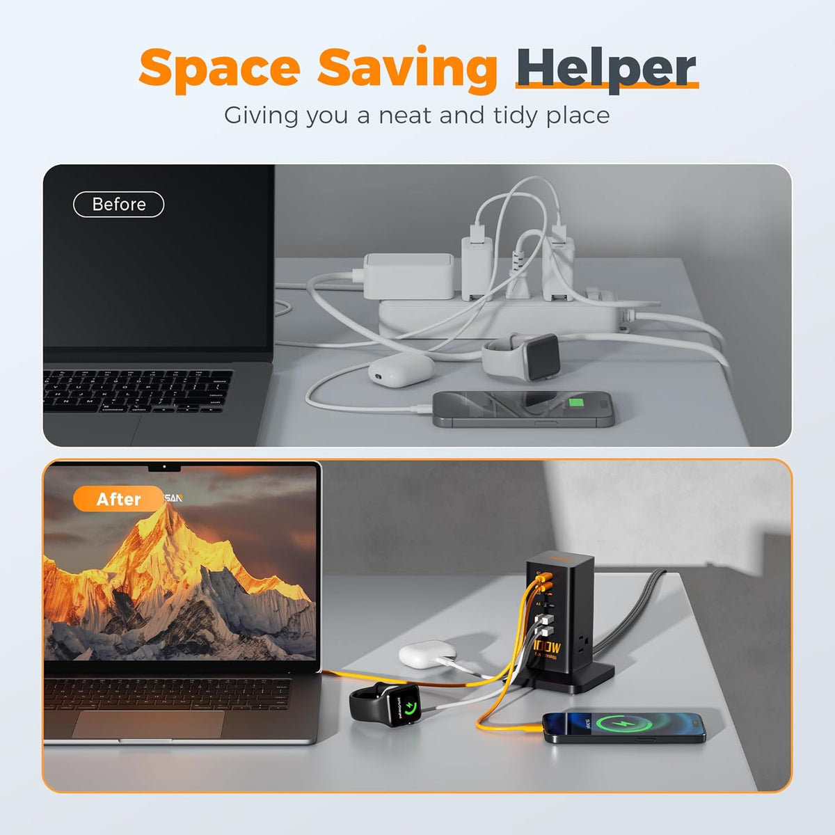Charging Station, TESSAN 65W Max GaN USB C Charger Block, 6-Ports and 3 AC Outlets Power Tower, Fast Charging for Multiple Devices, Compatible with iPhone, Samsung and More - PuriLite