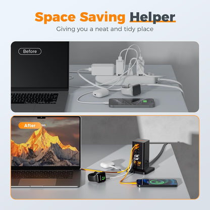 Charging Station, TESSAN 65W Max GaN USB C Charger Block, 6-Ports and 3 AC Outlets Power Tower, Fast Charging for Multiple Devices, Compatible with iPhone, Samsung and More - PuriLite