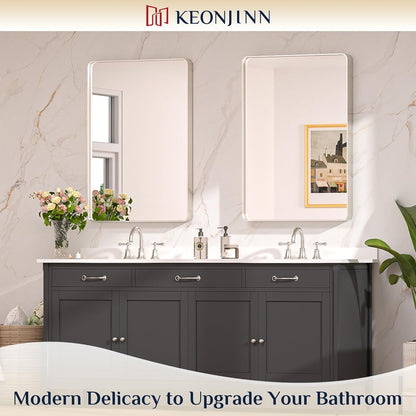 Keonjinn 42 x 36 Brushed Nickel Bathroom Vanity Mirror, Large Rounded Rectangle Bathroom Mirrors for over Sink, Metal Framed Silver Mirror for Wall, Shatterproof HD Tempered Glass(Horizontal/Vertical) - PuriLite