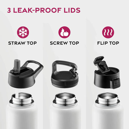 FineDine Water Bottle - Stainless Steel Insulated Water Bottle with Straw Lid, Flip Lid & Wide-Mouth Cap - Keeps Hot and Cold - 25 Oz / 739ml - Pure Pearly White - PuriLite