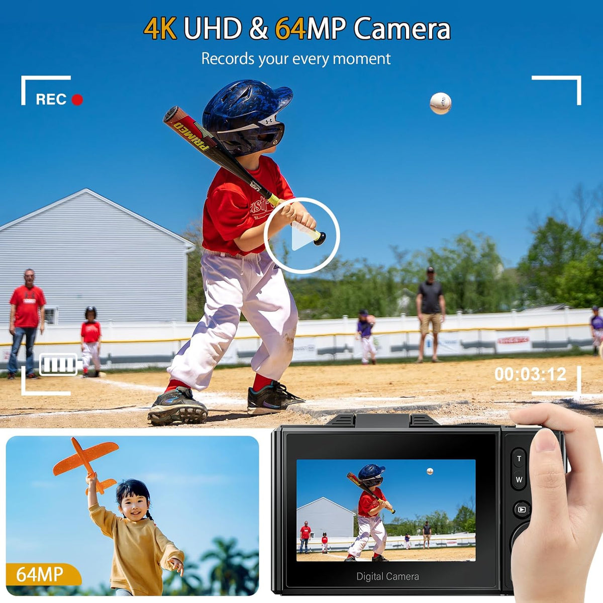 4K Digital Camera - 64MP Point and Shoot Digital Cameras for YouTube - 3.0'' Flip Screen 18X Zoom AutoFocus Vlogging Camera for Photography - Compact Video Camera with 2 Batteries, 32G SD Card - PuriLite
