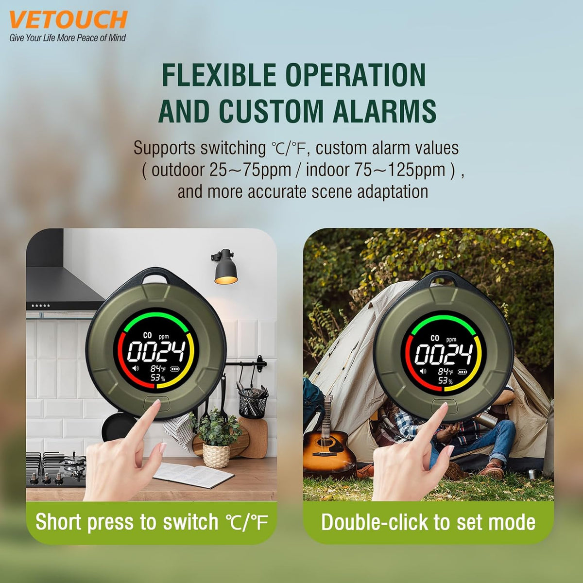 Portable Carbon Monoxide Detector, 3 in 1 CO/Temperature/Air Humidity MeterDetector with Round HD LCD Display, Portable CO Detector for Home, Camping and Travel - PuriLite