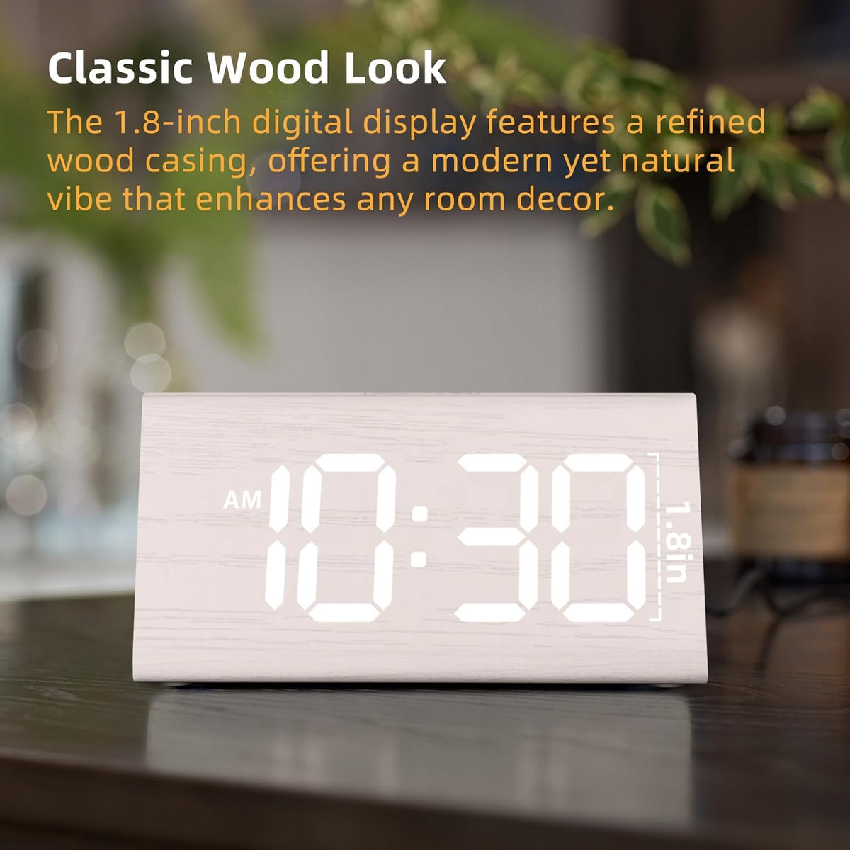 Odokee Wooden Digital Alarm Clock for Bedroom: Electric Desk Clock with Large LED Display - Brown - PuriLite