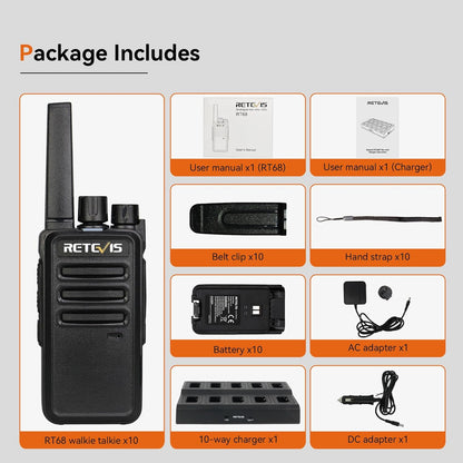 Retevis RT68H 2 Way Radios Long Range with 10 Way Charger,Walkie Talkies Rechargeable for Adults,Easier Charging,Easier Management,LED Display, Keypad Lock,Hands Free Compact Walkie Talkie (10 Pack) - PuriLite