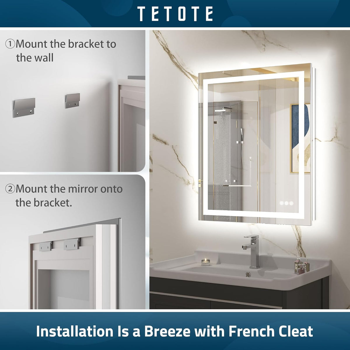 TETOTE 28 Inch Round LED Bathroom Vanity Mirror, Anti-Fog Dimmable Lights IP54 Waterproof Circle Makeup Wall Mounted Mirror - PuriLite