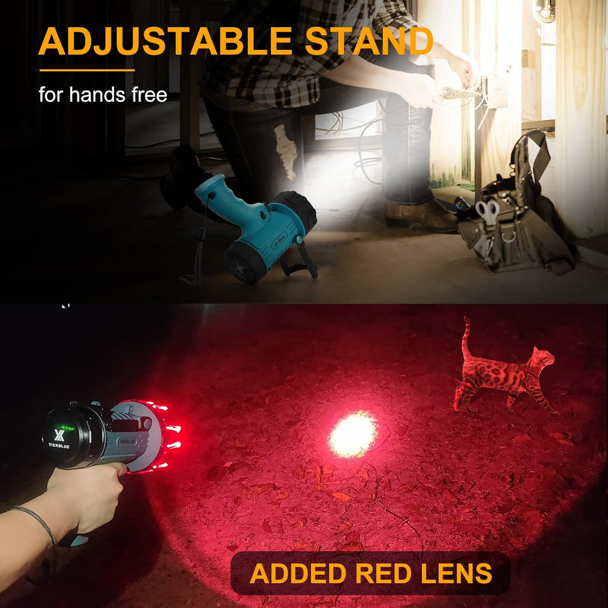 YIERBLUE Rechargeable Spotlight Flashlight with Super High Lumen LED, IP67 Waterproof Long Running Spot Light searchlight, Impact Resistant Handheld Spotlight with Foldable Stand Red Lens - PuriLite