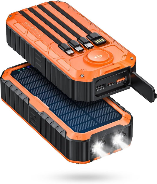 Solar Power Bank, 40000mAh Portable Charger 20W Fast Charging External Battery Pack Built in 4 Cables, Wireless Charging Power Bank for Apple Watches with Bright Flashlight and Carabiner