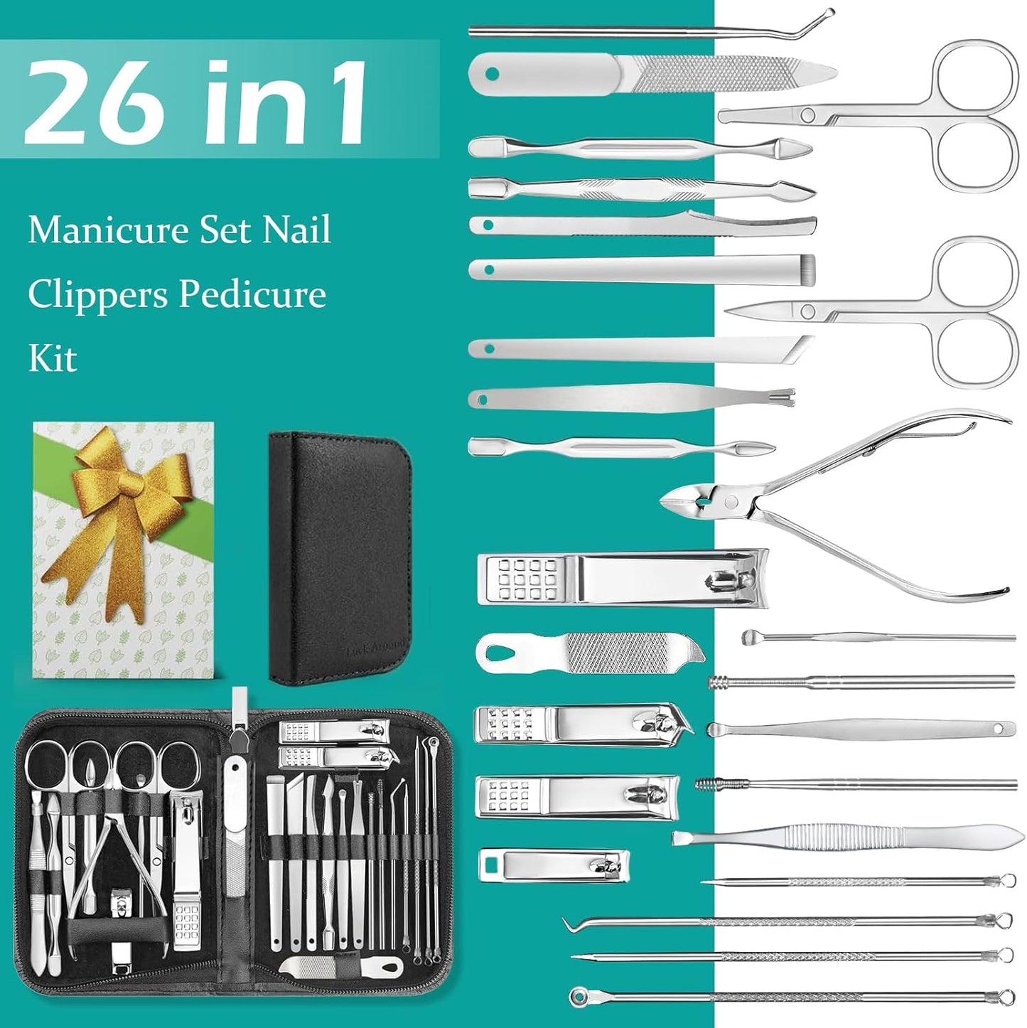 Nail Clippers Set, 26 Piece Manicure Set & Pedicure Kit, Stainless Steel Fingernail & Toenail Clipper Cutters, Professional Nail Care Tools with Luxurious Travel Case for Men and Women, Black - PuriLite