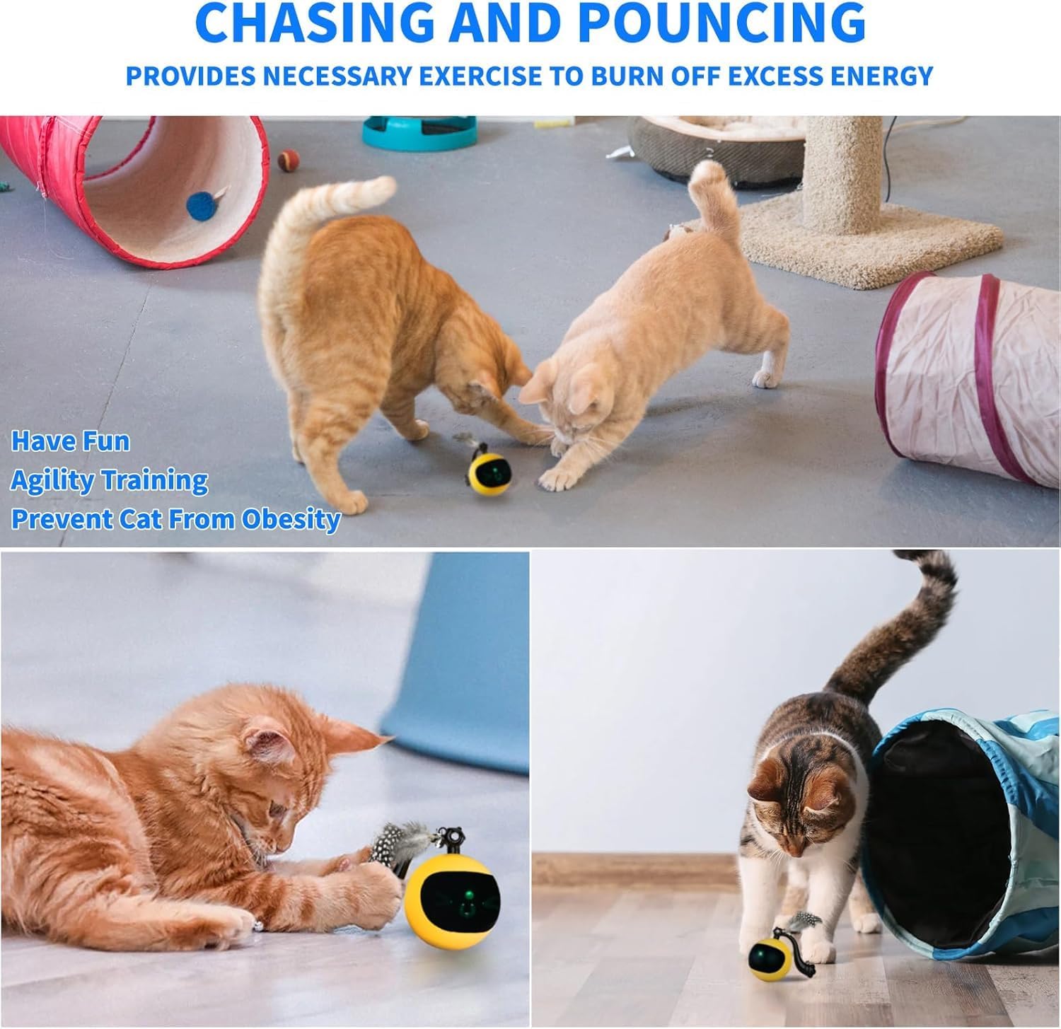 snoslme Interactive Cat Ball Toy, Automatic Moving Cat Toy Ball with Feather Tail, Cats Toy for Chasing and Hunting (Yellow) - PuriLite