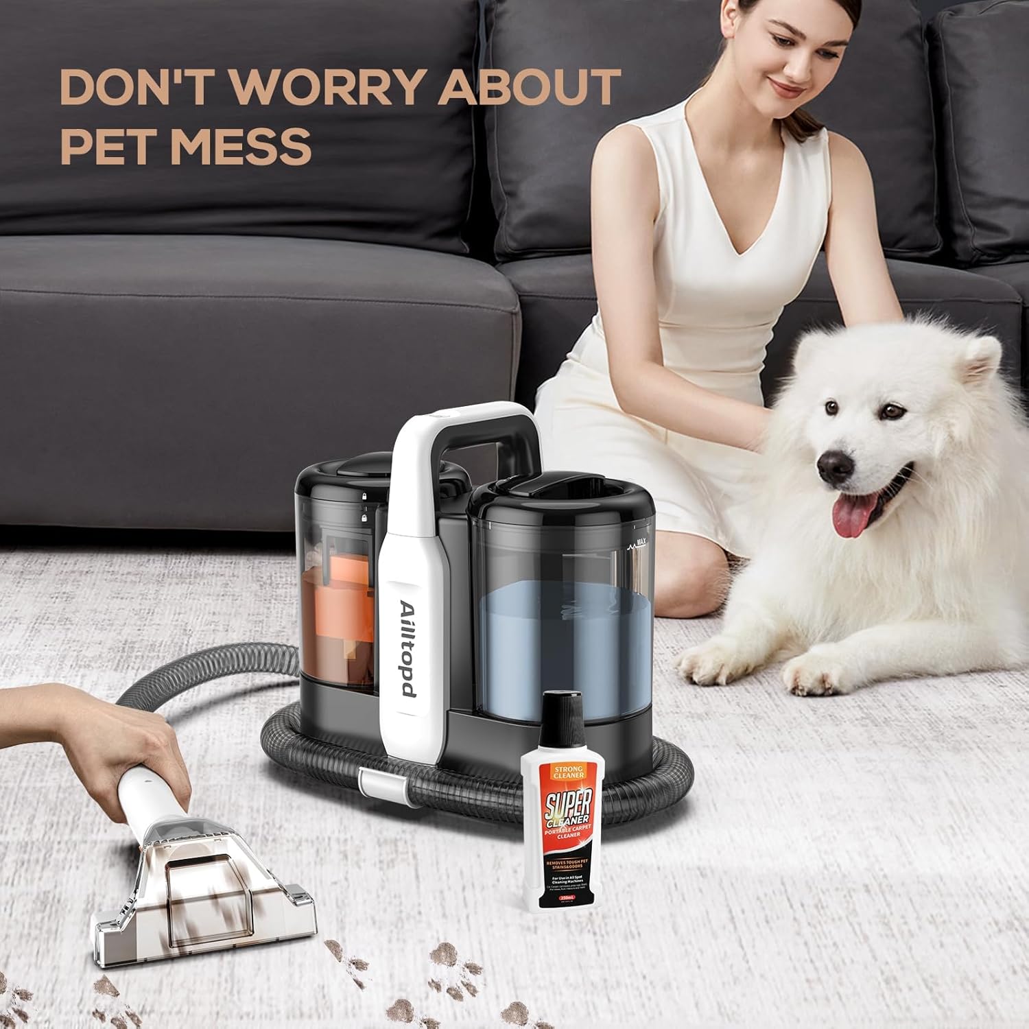 Ailltopd Portable Carpet & Upholstery Spot Cleaner, Powerful Suction and Spot Remover, Deep Stain Cleaning for Carpet, Pets, Stairs, Car Seat, Couch, with Dual Size BrushHead and Cleaning Solutions - PuriLite