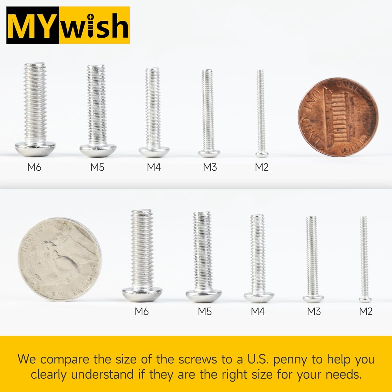 Mywish 900Pcs Metric Screw Assortment, M3 M4 M5 M6 Screw Assortment Kit 304 Stainless Steel Hex Socket Button Head Socket Cap Metric Screws Bolts & Flat Washers/Nuts/Hex Wrenches 16 Sizes 8MM to 20MM - PuriLite