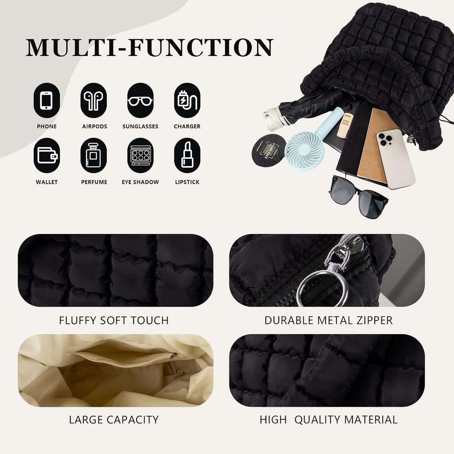 Quilted Puffer Tote Bag Large Crossbody Shoulder Bag with Zipper, Nylon Hobo Oversized Handbag - PuriLite