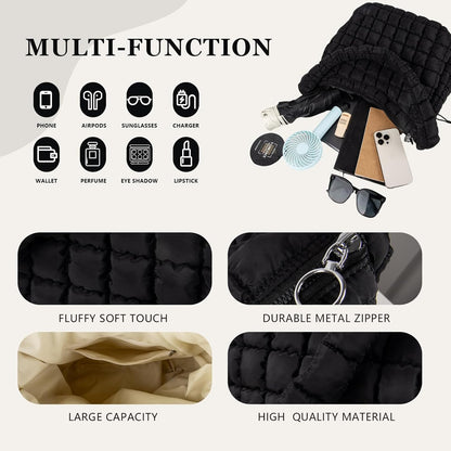 Quilted Puffer Tote Bag Large Crossbody Shoulder Bag with Zipper, Nylon Hobo Oversized Handbag - PuriLite
