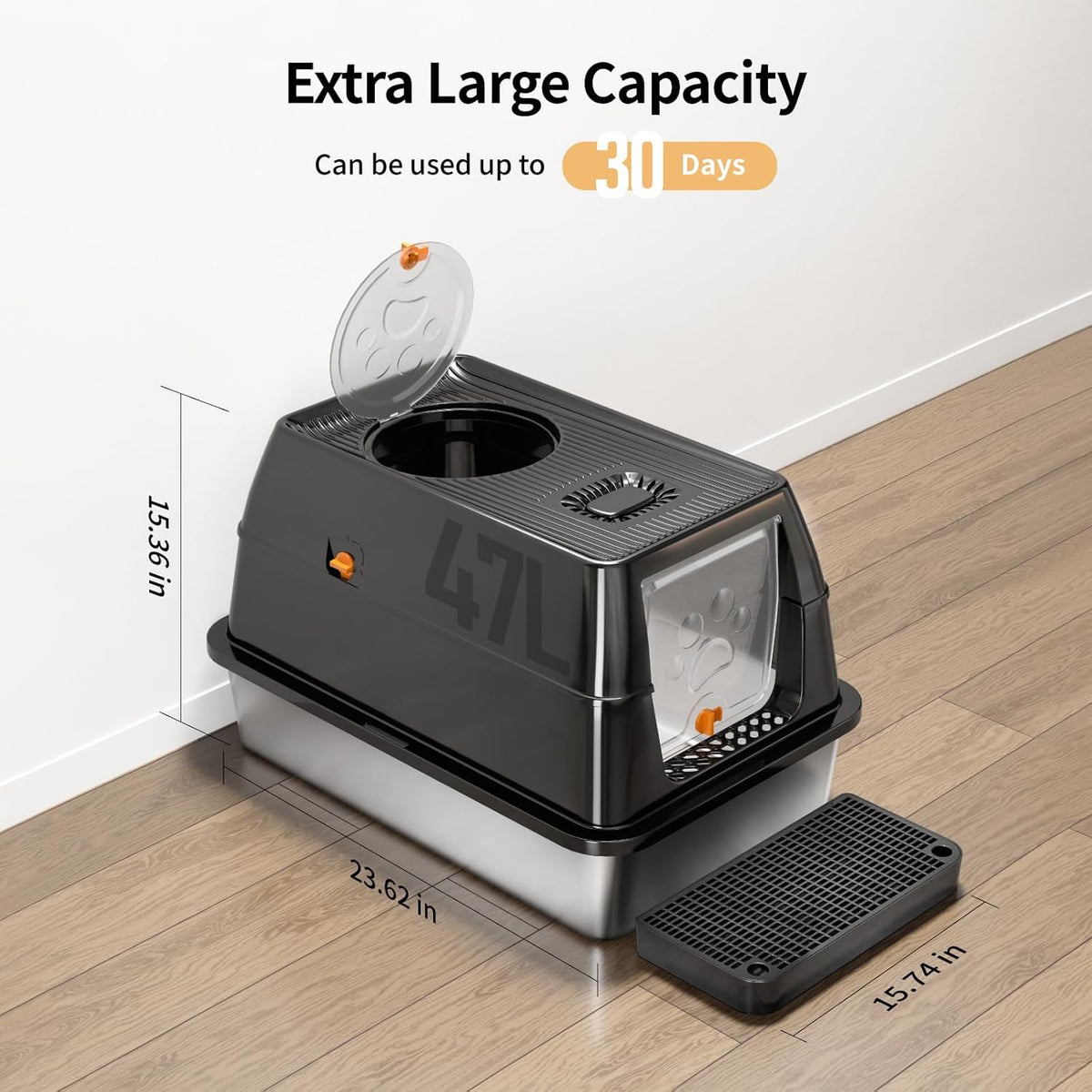 Eosarcu Stainless Steel Cat Litter Box with Lid, 180° Flip-Top XL Extra Large Enclosed Litter Box, Covered Metal High Sided Litter Pan with Steps & Scoop, Easy Cleaning, Odor Control,Non-Sticky-Black - PuriLite