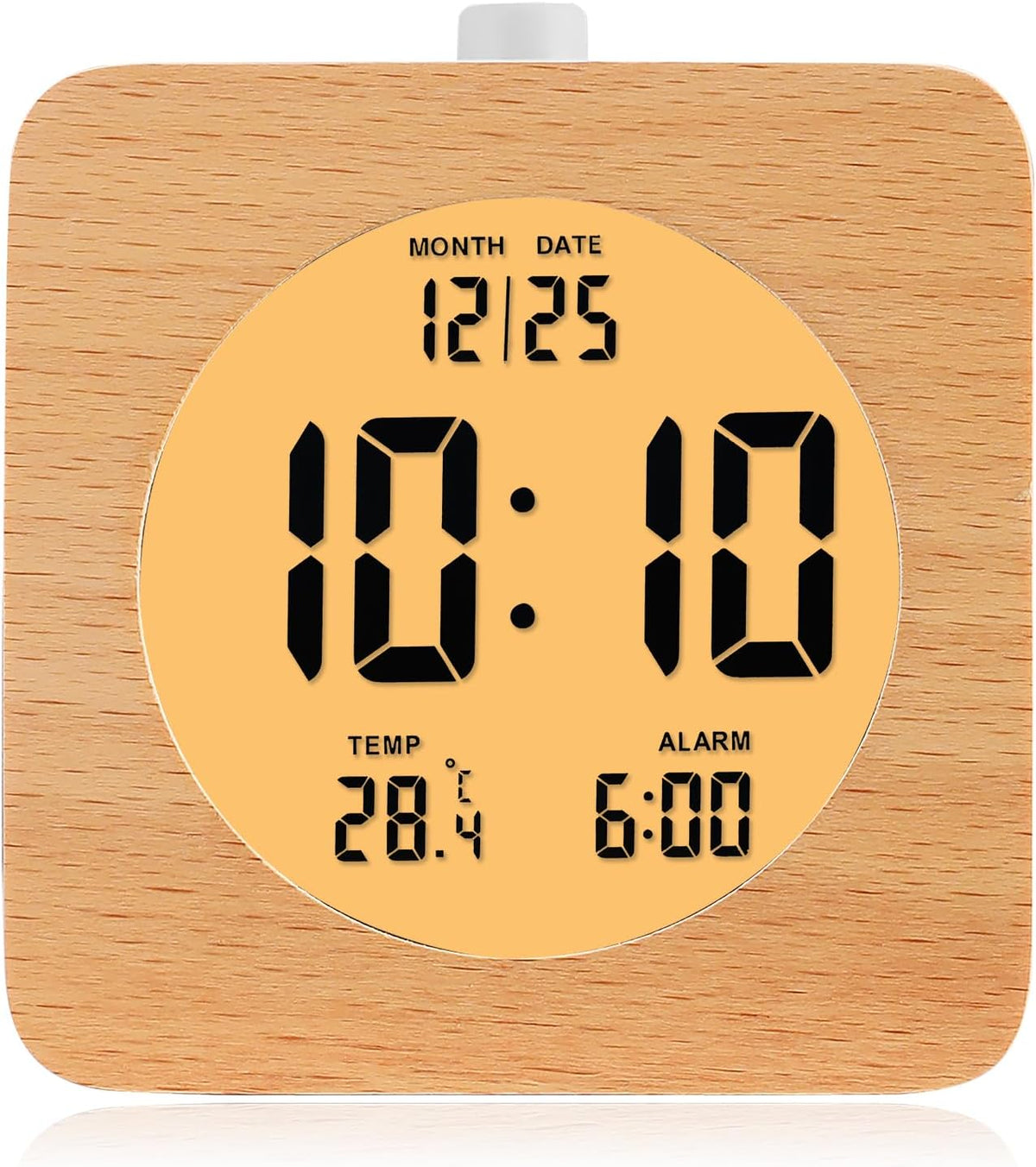 Plumeet Wooden Digital Alarm Clock for Bedrooms, Wood 4'' Battery Powered Alarm Clock with Snooze and Nightlight, Electronic LCD Desk Clock Display Time, Date, Temp, 12/24H, Wood Décor (Sapele, 3.2'') - PuriLite