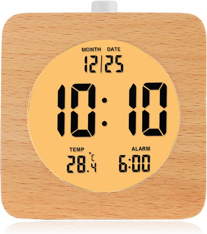 Plumeet Wooden Digital Alarm Clock for Bedrooms, Wood 4'' Battery Powered Alarm Clock with Snooze and Nightlight, Electronic LCD Desk Clock Display Time, Date, Temp, 12/24H, Wood Décor (Sapele, 3.2'') - PuriLite