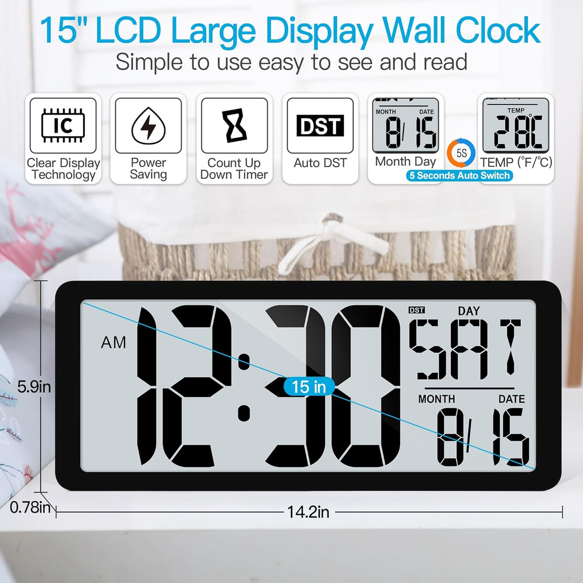 KMMKGG 15" Large Digital Wall Clock Battery Operated, Digital Clock Display with Day, Date & Temperature, Large Wall Clock for Bedroom, Livingroom, Office(4.6" Numbers) - PuriLite