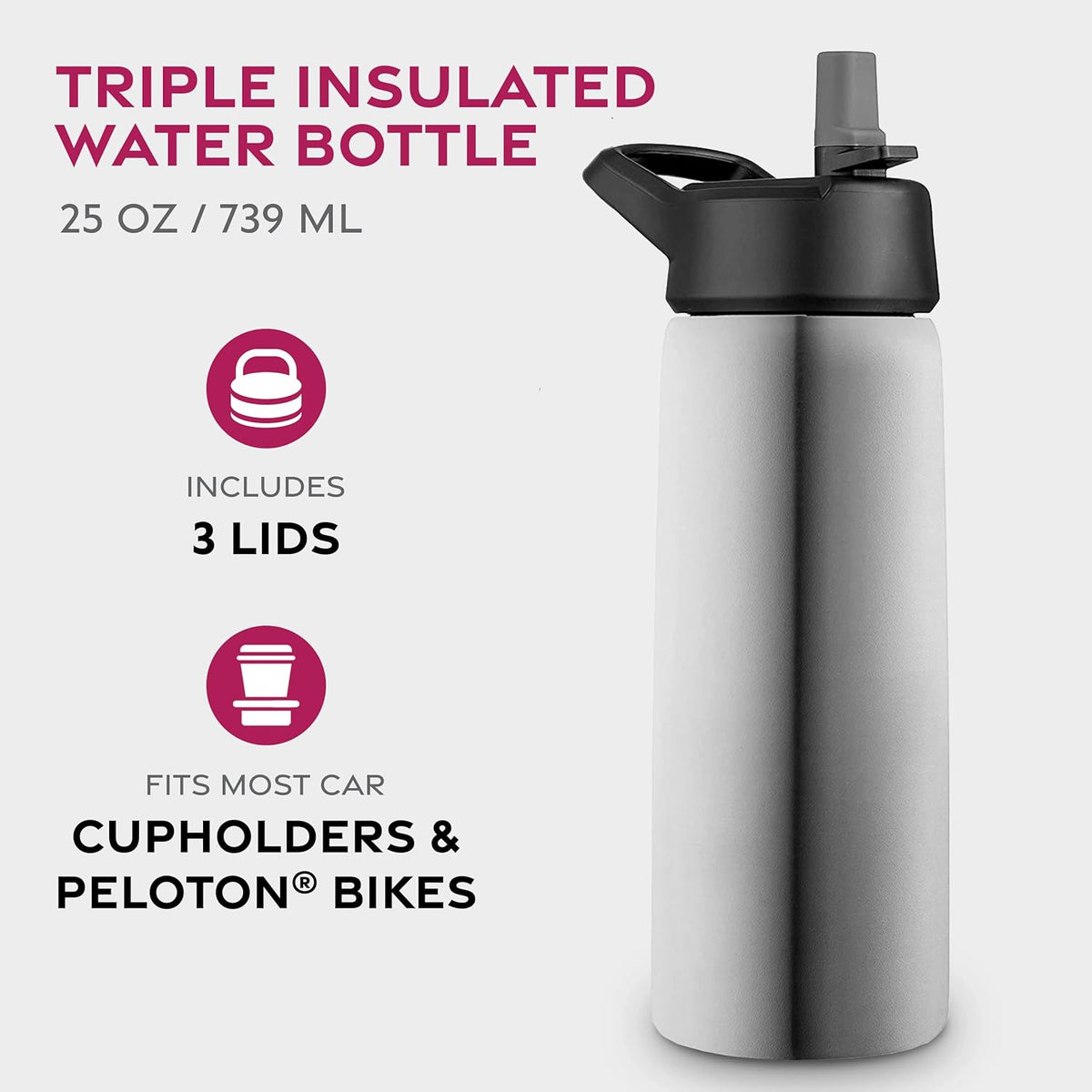 FineDine Water Bottle - Stainless Steel Insulated Water Bottle with Straw Lid, Flip Lid & Wide-Mouth Cap - Keeps Hot and Cold - 25 Oz / 739ml - Pure Pearly White - PuriLite