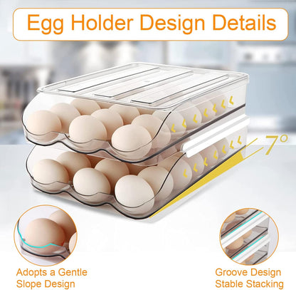 Auto Rolling Egg Storage for Fridge | Stackable Egg Organizer | Refrigerator Egg Holder with Lid | Kitchen Fridge Storage Box | Space Saving Egg Container - PuriLite