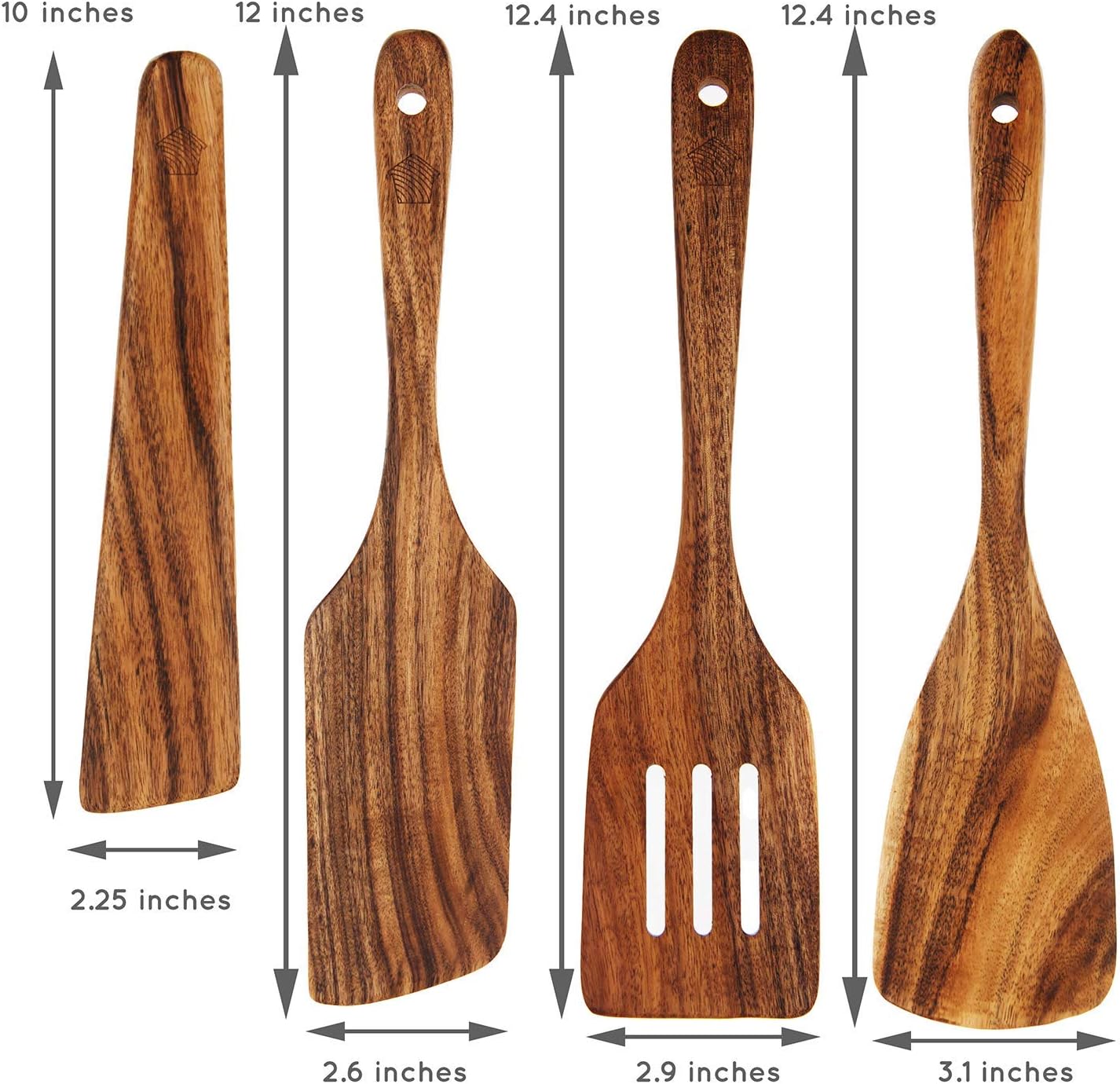 Wooden Spatula for Cooking, Kitchen Spatula Set of 4, Natural Teak Kitchen Utensils Including Paddle, Turner, Slotted Spurtle and Wood Scraper - Nonstick cookware - PuriLite