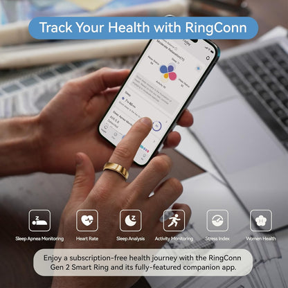 RingConn Gen 2 Smart Ring, No App Subscription, Size First with Sizing Kit, 12-Day Battery Life, Stress/Women's Health Tracker, Compatible with Android & iOS (Black, Size 8) - PuriLite