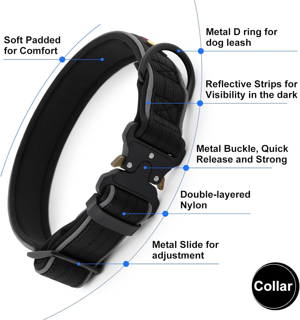 Plutus Pet Tactical Dog Collar, Reflective, Adjustable Heavy Duty Dog Collar, Soft Padded and Comfortable, for Small Medium and Large Dogs (Red, L) - PuriLite