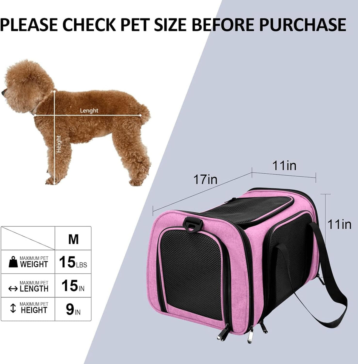 SFBAIHEN Cat Carriers Dog Carrier Pet Carrier for Small Medium Cats Dogs Puppies up to 15 Lbs, TSA Airline Approved Small Dog Carrier Soft Sided, Collapsible Waterproof Travel Puppy Carrier (Pink) - PuriLite