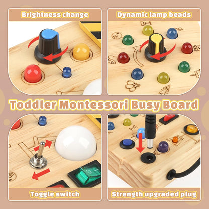 Joyreal Montessori Busy Board Wooden Sensory Toys for Toddler with LED Light Up Switch, Baby Fidget Board Travel Toys for 18+ Months, Boys Girls Birthday - PuriLite