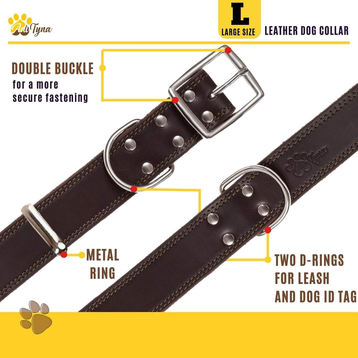ADITYNA Heavy-Duty Leather Dog Collar for Medium Dogs - Soft and Strong, 100% Genuine Leather - Collier Pour Chien (Medium: Fit 13" - 20" Neck, Brown) - PuriLite