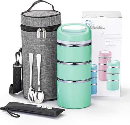 Lille Home Stackable Stainless Steel Thermal Compartment Lunch/Snack Box, 3-Tier Insulated Bento/Food Container with Lunch Bag, Cutlery Set and 3 Extra Seals, 43OZ (Gray) - PuriLite