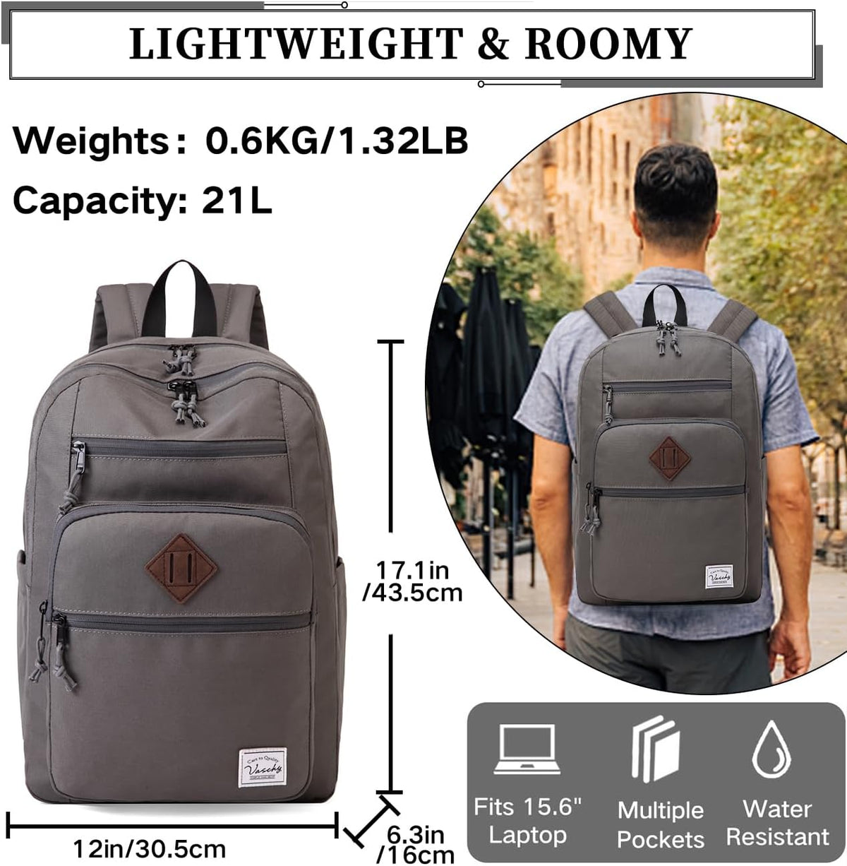 School Backpack for Men Women,Vaschy Lightweight School Bag Bookbag Casual Daypack for High School/College/Teens/Travel/Work - PuriLite