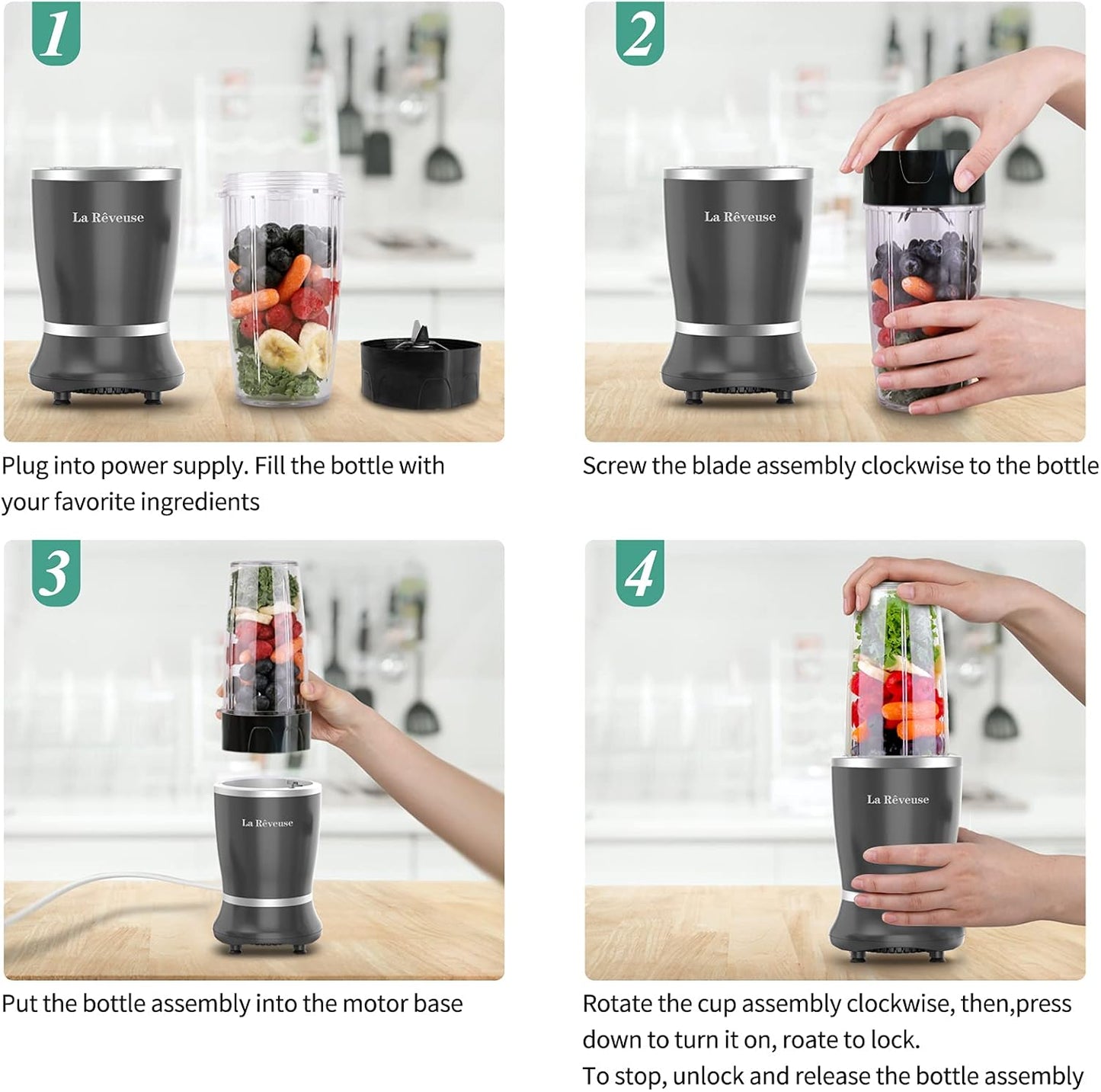 La Reveuse Personal Size Blender 250 Watts Power for Shakes Smoothies Seasonings Sauces with 1 Piece 15 oz Cup,1 Piece 10 oz Mug,BPA Free (Black) - PuriLite