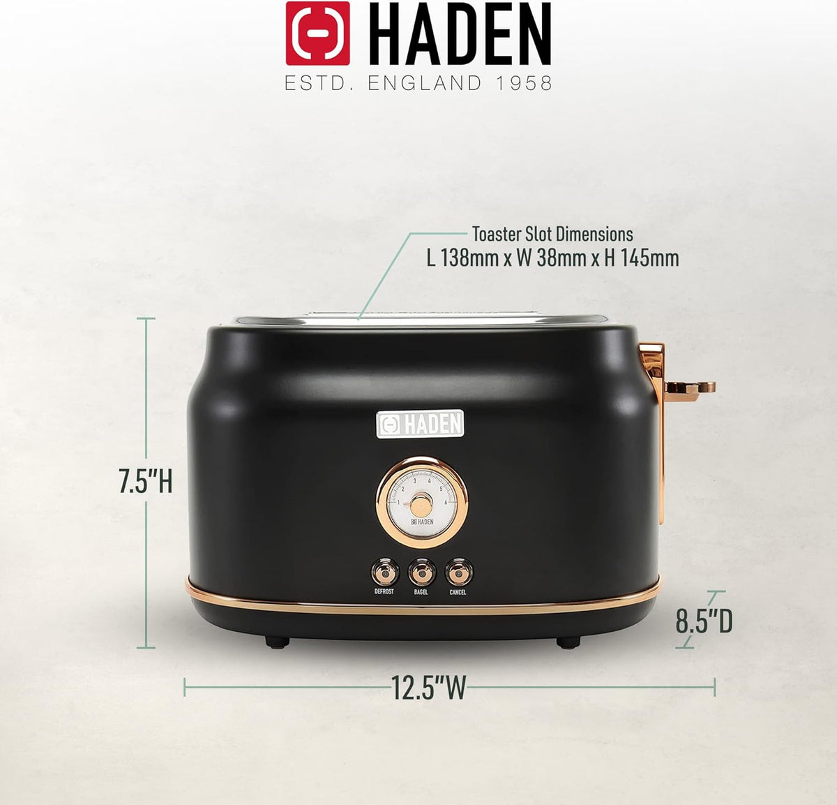 Haden Dorset 75083 Stainless Steel 1500W Retro Toaster 4 Slice Wide Slot w/Removable Crumb Tray and Settings, Black/Copper Toasters w/Adjustable Browning Control, Smart Toaster - PuriLite
