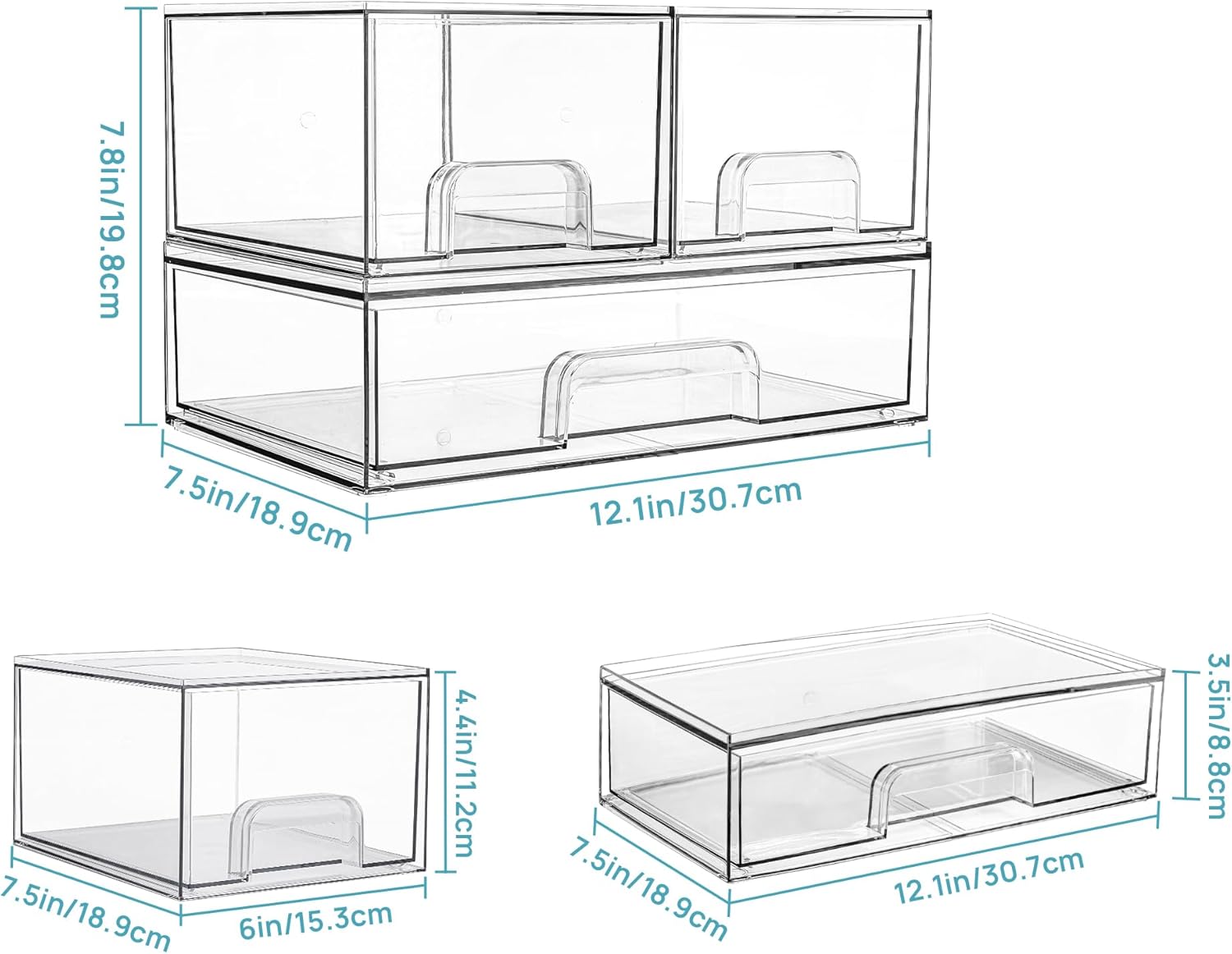 Vtopmart 3 Pack Stackable Clear Plastic Drawer Organizer, Makeup Organizers and Storage for Eyeshadow Palettes, Cosmetics, Beauty Supplies, Ideal for Vanity, Desk, Office, Bathroom Organization - PuriLite