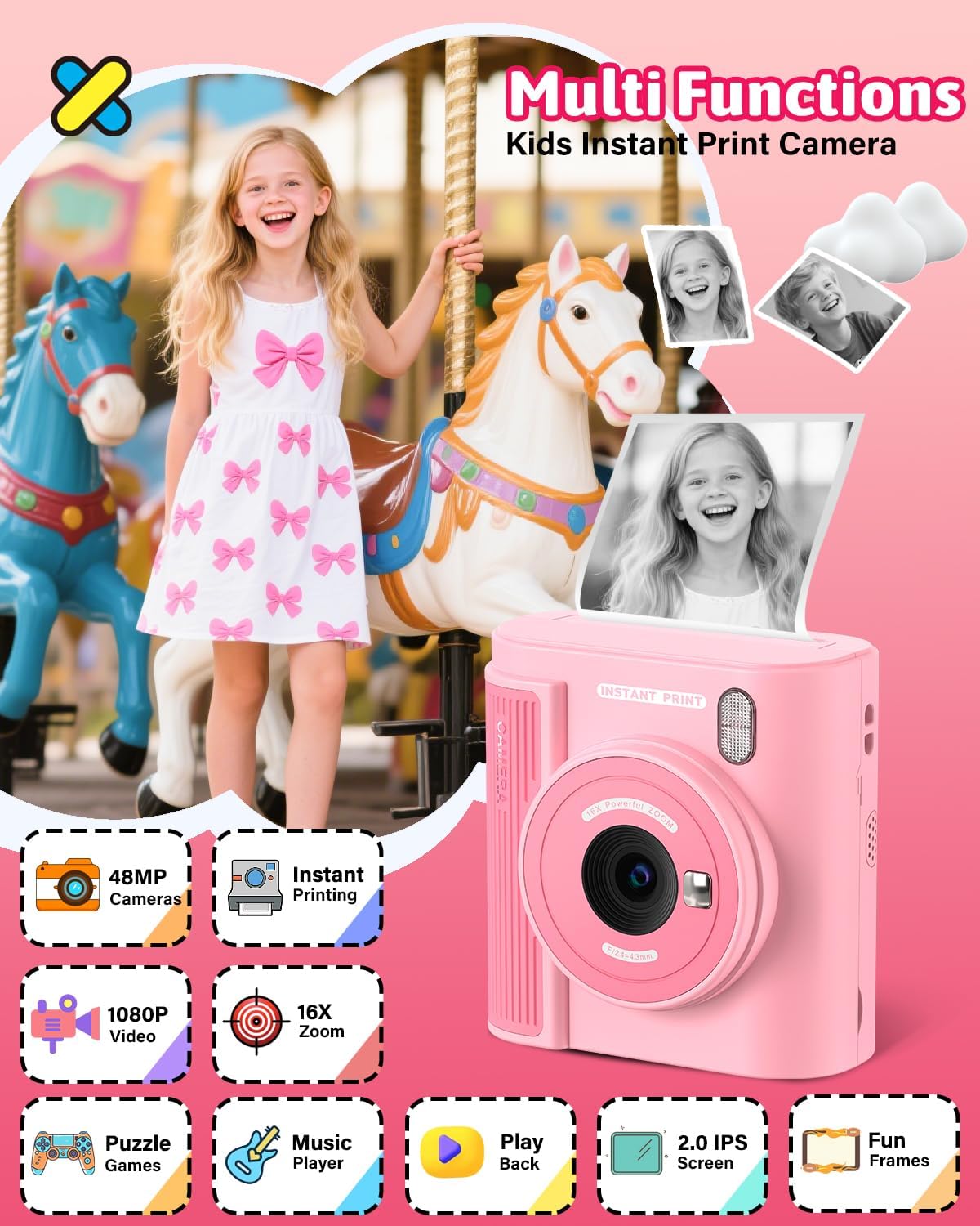 Mgaolo Kids Camera with Instant Print, Thermal Printing Digital Camera Gift for 3-12 Years Old Children, Safe Ink-Free Design, Toy for Creativity & Learning (Black) - PuriLite