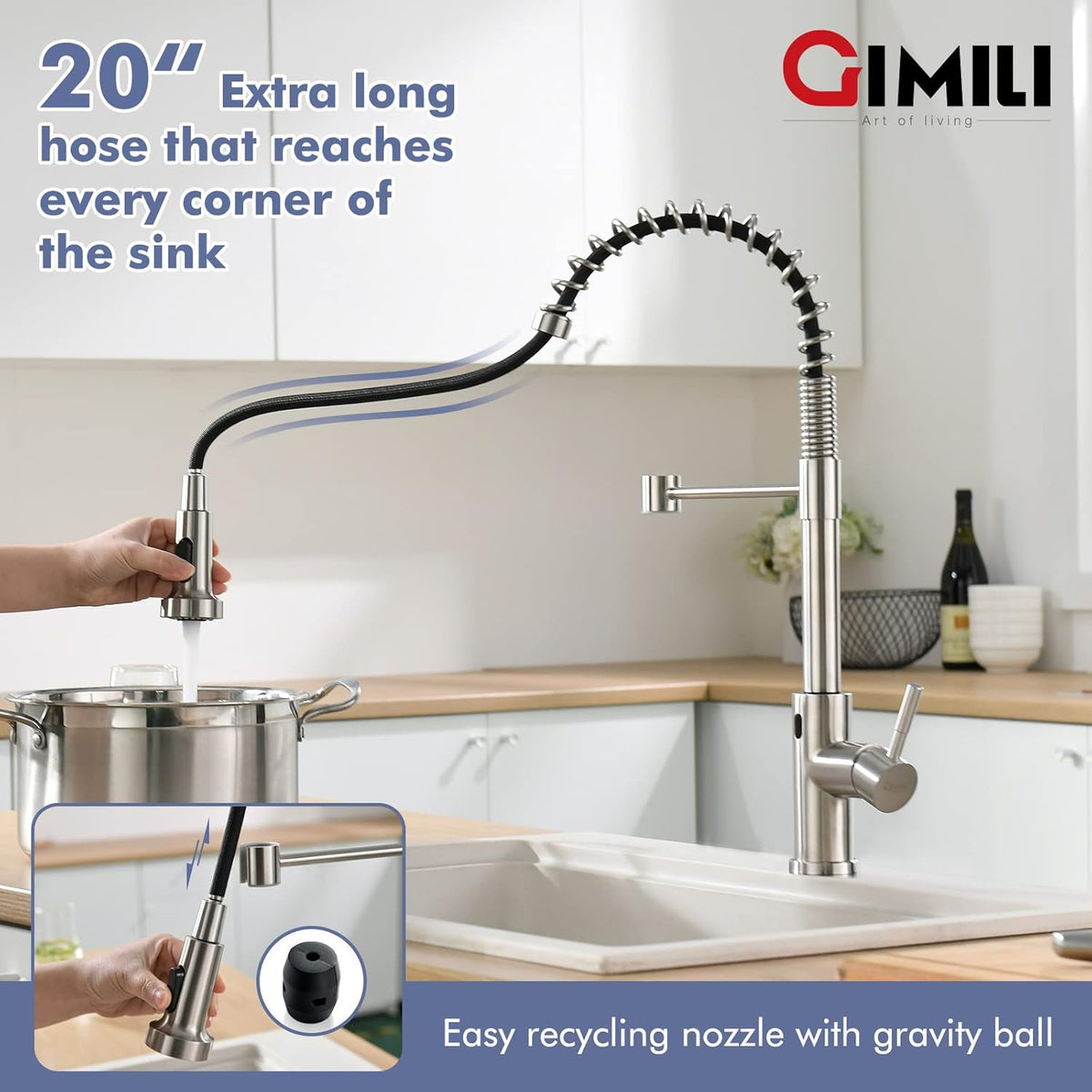 GIMILI Matte Black Kitchen Faucet with LED Light,Single Hole Spring Kitchen Sink Faucet with Pull Down Sprayer - PuriLite