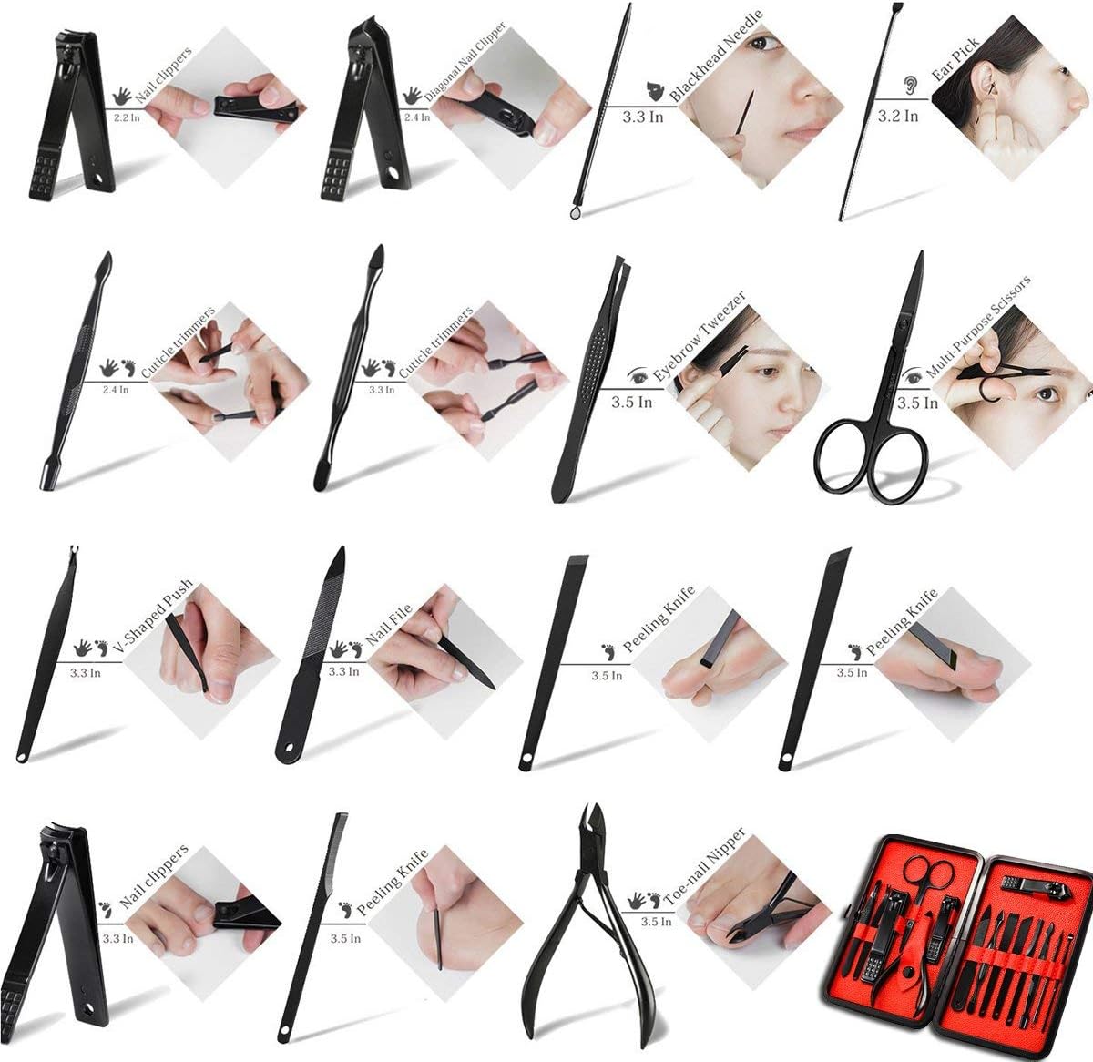 Keiby Citom Professional Stainless Steel Nail Clipper Travel & Grooming Kit Nail Tools Manicure & Pedicure Set of 18pcs with Luxurious Case (Black) - PuriLite