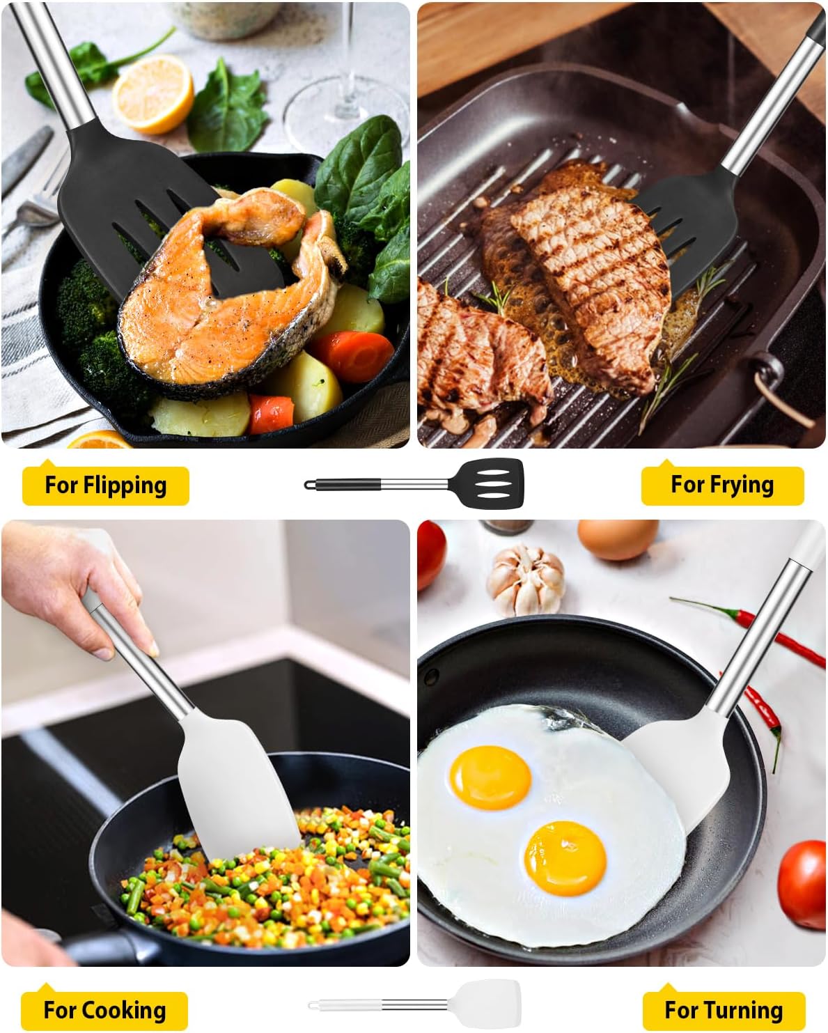 Pack of 2 Silicone Slotted Spatula,Non Stick Solid Kitchen Turner, High Heat Resistant BPA Free Cooking Utensils for Fish, Eggs, Pancakes（Black - PuriLite