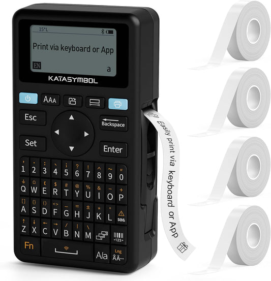 SUPVAN E11 Bluetooth Label Maker Machine with 4 Tapes, Support Keyboard & App with 40 Fonts and 450+ Icons, Rechargeable Inkless Labeler for Home, Kitchen, Office, School, Organization, Black - PuriLite