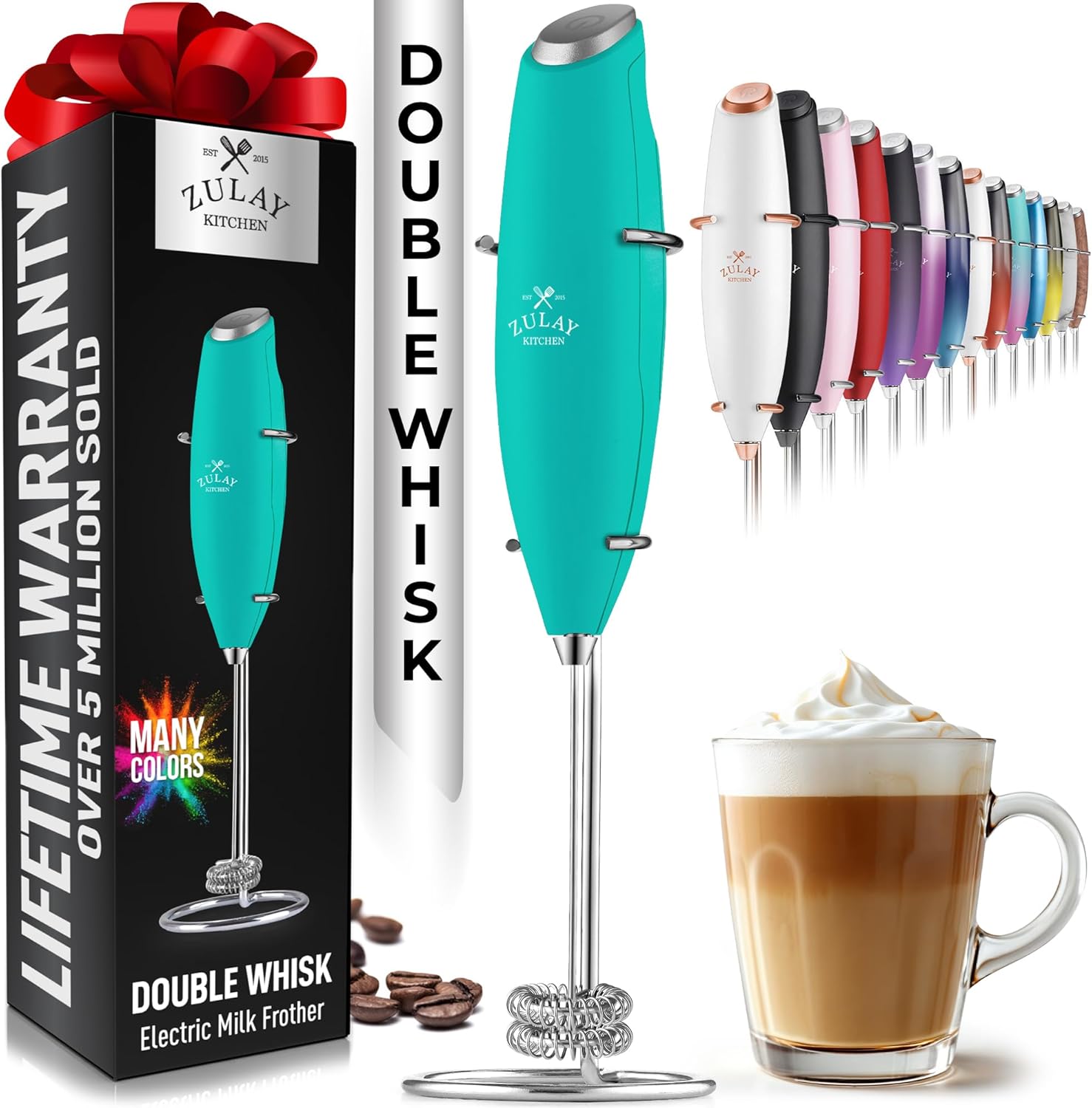 Zulay Kitchen Powerful Double Whisk Milk Frother Handheld - Foam Maker with Stand - Whisk Drink Mixer for Coffee, Mini Foamer for Latte, Matcha, Frappe, Hot Chocolate & Cappuccino (Black) - PuriLite