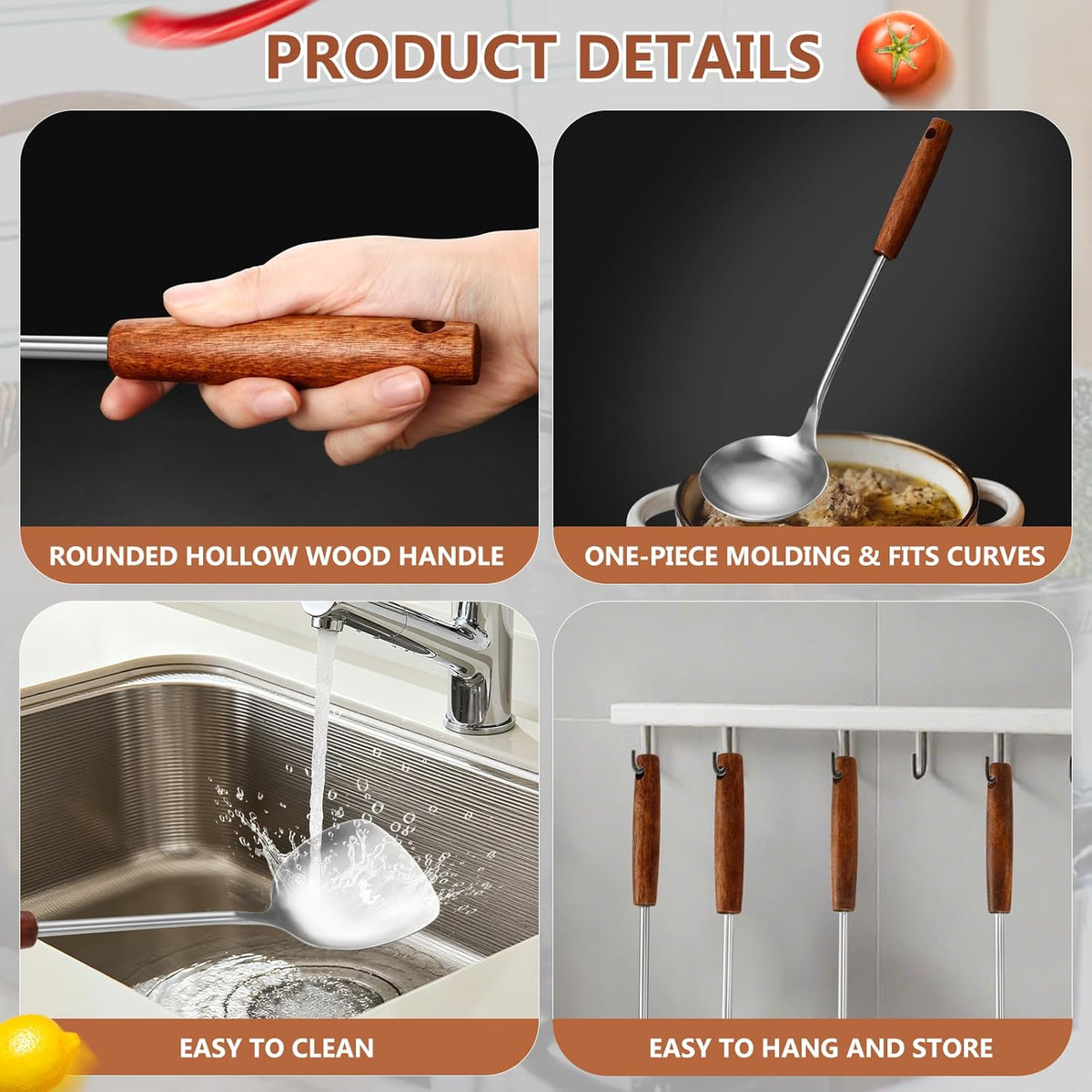 304 Stainless Steel Kitchen Utensils Set, 6 Pcs Long Cooking Utensils Set with Wooden Handle, Large Heat Resistant Kitchen Tools(Dishwasher Safe) - PuriLite