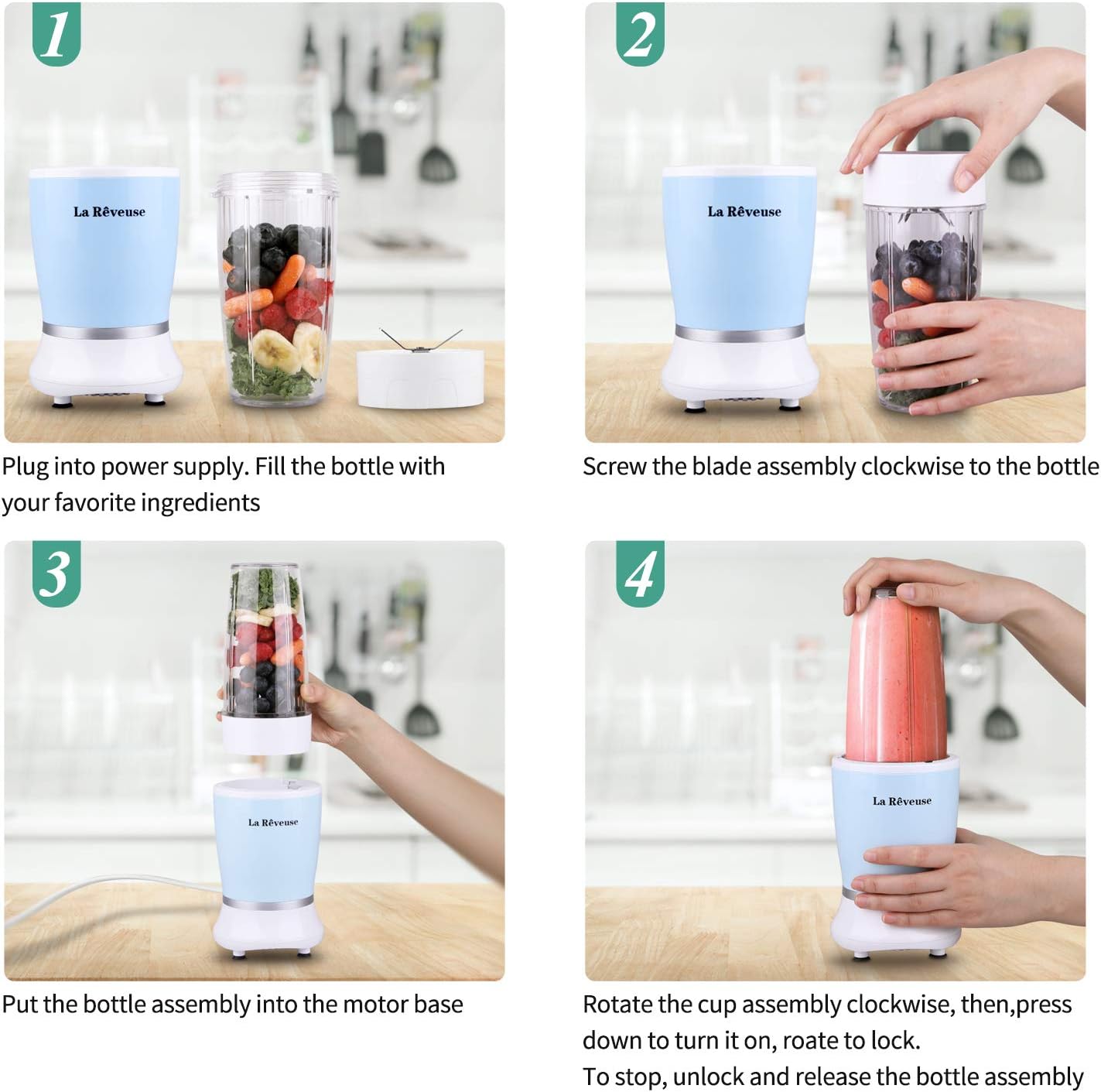 La Reveuse Personal Size Blender 250 Watts Power for Shakes Smoothies Seasonings Sauces with 1 Piece 15 oz Cup,1 Piece 10 oz Mug,BPA Free (Black) - PuriLite