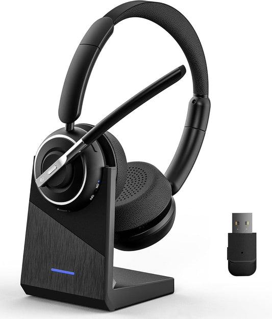 (Upgraded Version) PrancyBt Wireless Headset, Bluetooth Headset with AI Noise Cancelling Mic, Bluetooth V5.2 Headphones with USB Dongle, Charging Base & Mic Mute for PC/Cell Phones/Call Center - PuriLite