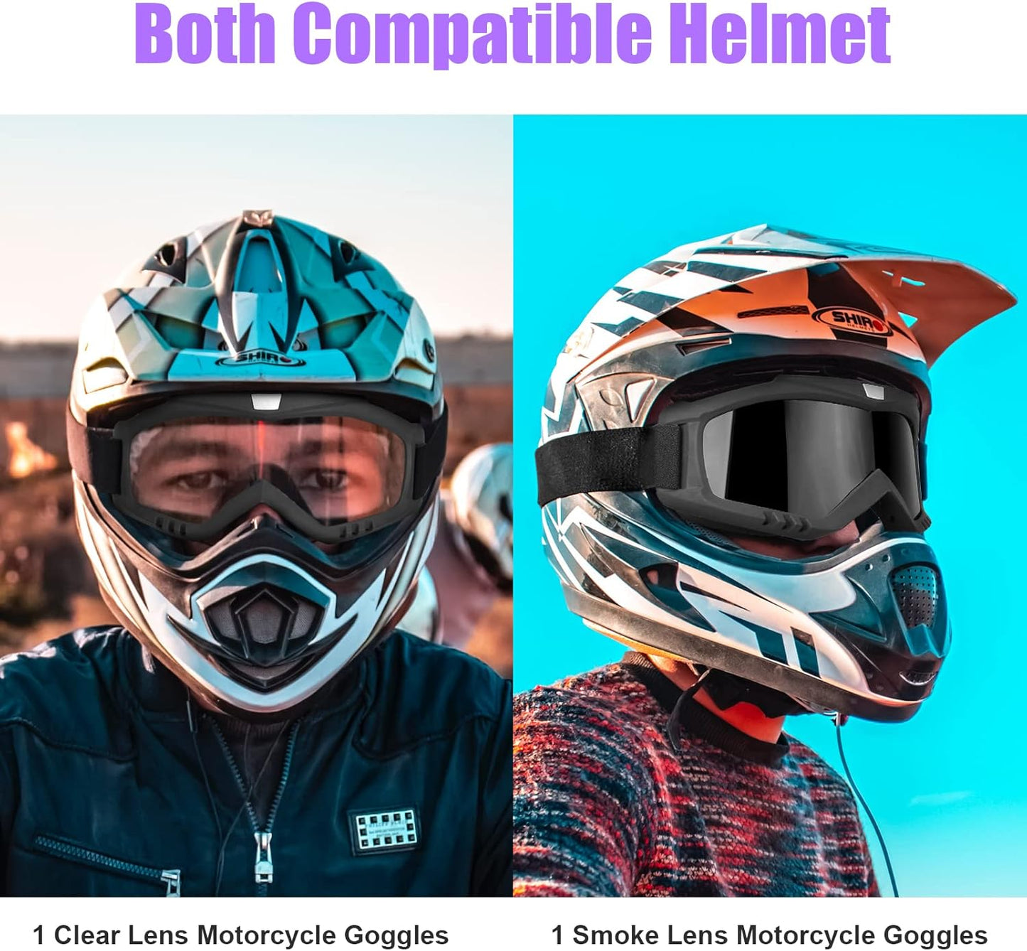 surpassme 2 Dirt Bike Goggles, UV Protection Motocross/MX Goggles Compatible Helmet, Motorcycle Ridding Goggles Fit Glasses for Men/Women - PuriLite