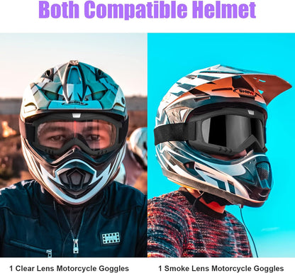 surpassme 2 Dirt Bike Goggles, UV Protection Motocross/MX Goggles Compatible Helmet, Motorcycle Ridding Goggles Fit Glasses for Men/Women - PuriLite