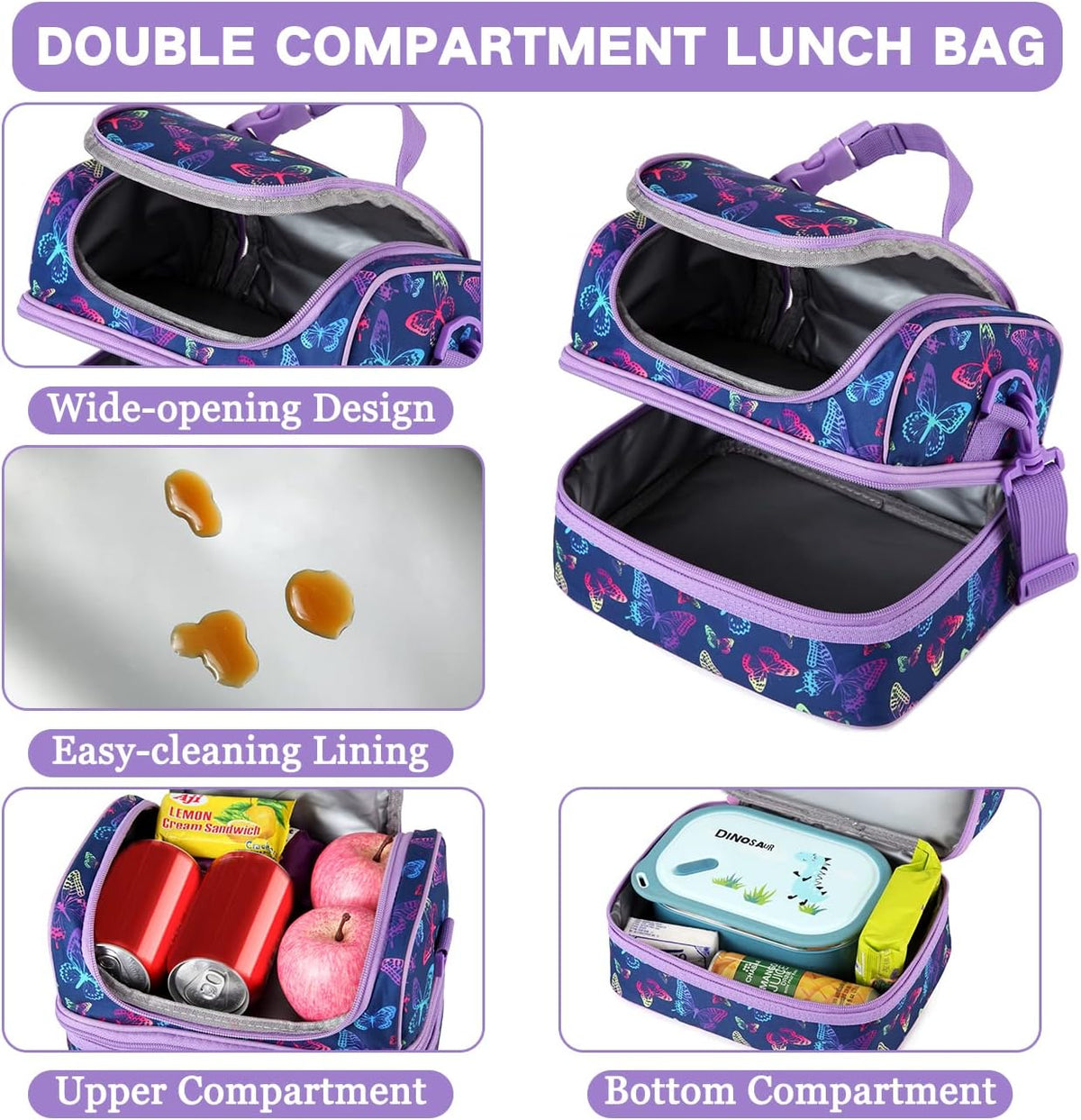 VASCHY Lunch Box Bag Men, Insulated Two Compartments Bento Cooler Bags for Adults/Women/Kids for School,Daycare,Kindergarten,Picnic Black - PuriLite